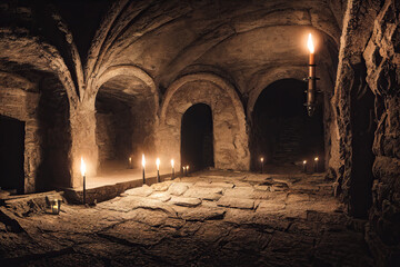 Environment with medieval catacombs with covered floors, with torches inside the cave. Mystical concept - obrazy, fototapety, plakaty