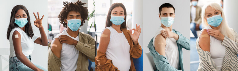 International group of people in face masks got vaccinated, collage