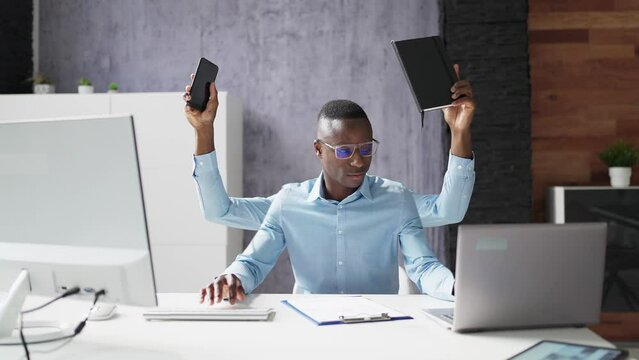 Multitasking Workload Of Happy Busy Man Worker