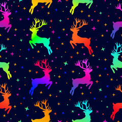 Seamless neon pattern with deer in vector. Bright children's background for textiles and fabrics, clothing, wrapping paper. Festive New Year template for design.