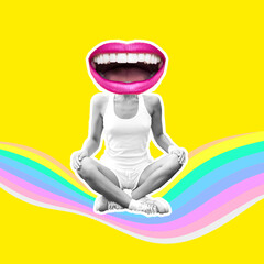 Contemporary digital collage art. Girl in happy meditation. Positive emotions affirmations concept