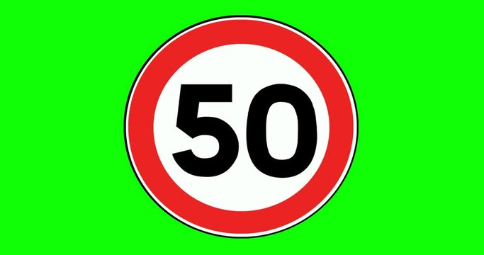 50-speed limit sign 3d animation on chroma key. 50 km speed limit for the car. Road sign with restriction of fifty km. Icon for traffic on city or highway on the green screen background