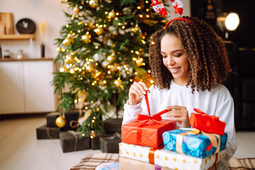Fototapeta na wymiar Young smiling beautiful brunette woman with a gift box in decorated interior with Christmas tree. New Years. 