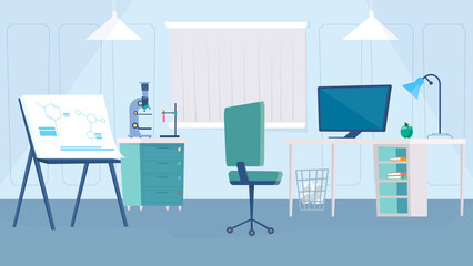 Science laboratory interior concept in flat cartoon design. Scientist workplace, desk with computer, chair, microscope and test tubes, presentation board. Illustration horizontal background