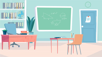 Classroom interior concept in flat cartoon design. Teacher and student workplaces. Classroom with blackboard, bookcase, tables and chairs, stationery, decor. Illustration horizontal background