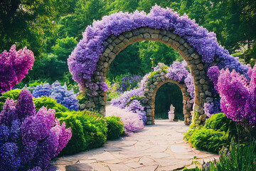 A beautiful secret fairytale garden with flower arches and colorful greenery - obrazy, fototapety, plakaty