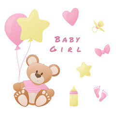 Baby girl greeting card. Teddy bear. Helium balloons. White background.