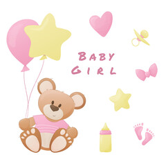 Baby girl greeting card. Teddy bear. Helium balloons. White background.