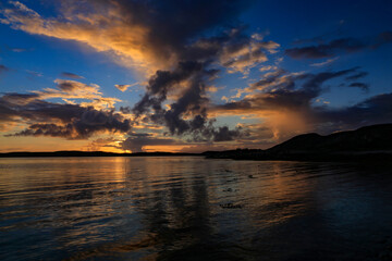 Sunset over the sea at Torgvikran i Brønnøy  municipality,Nordland county,Norway