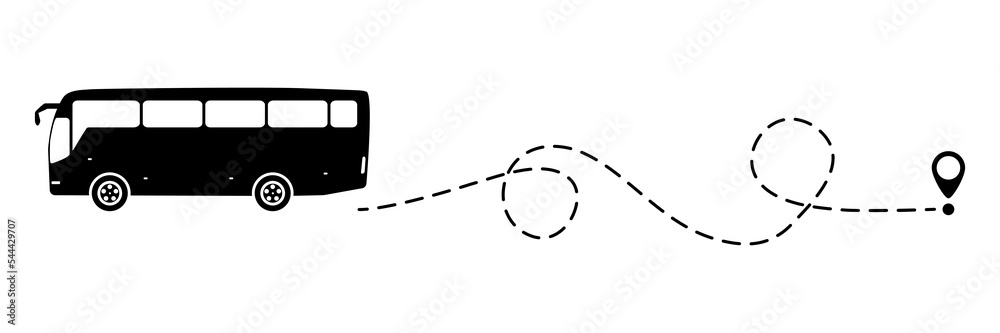 Wall mural bus icon with line start point. bus driving on dotted route with map pin. vector isolated on white.