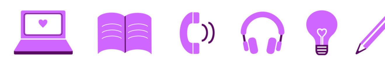 school kit for girls, learning items, girly vector icons