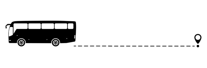 Bus icon with line start point. Bus driving on dotted route with map pin. Vector isolated on white.