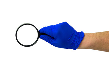 doctor's hand in blue glove with magnifying glass, 
isolat