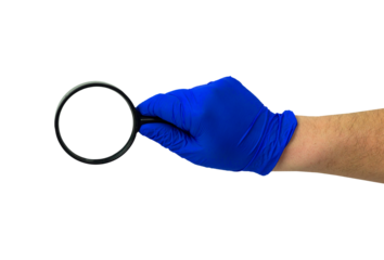 doctor's hand in blue glove with magnifying glass, 
isolat