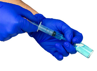We draw out the injection liquid or vaccine with a syringe. Doctor's hands in blue gloves draw a...