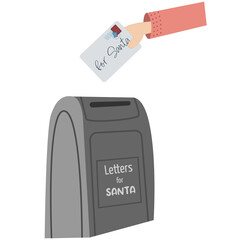 Mailbox with letters from children for Santa Claus. Classic decorative Christmas post box  with envelopes and hand.	
