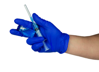 doctor in blue gloves holds a syringe and a bottle of vaccine with one hand, medicine close-up. Concept of medicine, drugs and vaccination.