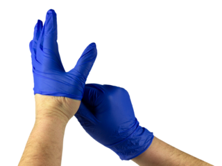Doctor or nurse putting on or taking off blue nitrile surgical gloves, professional medical safety and hygiene for surgery and physical examination