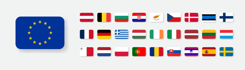 All Europe Flags round rectangle flat buttons isolated on white