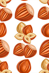Hazelnuts seamless pattern. Nuts on a white background. Vector illustration of organic food in cartoon flat style.