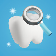 Clean sparkling tooth under a 3d magnifying glass. Cute vector illustration for children of dental hygiene.
