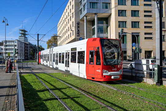 COLOGNE, GERMANY - NOVEMBER 5, 2022: KVB tram in the city center of Cologne