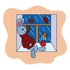 A bunny in a red sweater sits on the windowsill and drinks hot tea. Vector illustration.