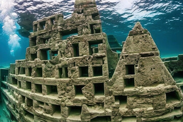 fantasy underwater view of submerged ruins of ancient city with stone figurines and walls