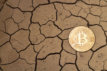 Golden bitcoin in the form of a coin lies on dry ground