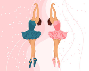 Obraz na płótnie Canvas A pair of dancing ballerinas in dresses and pointe shoes on an abstract background. Illustration, vector