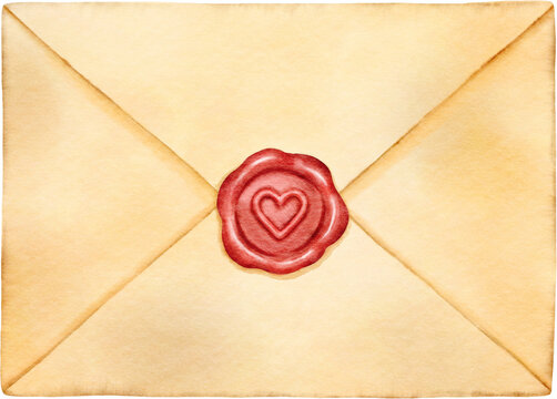 Yellow vintage mail envelope letter with red love heart sealing wax. Realistic art. Hand draw painted watercolor illustration.