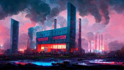 Cyber factory in the future at night with smoke pollution design illustration