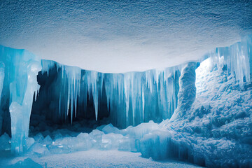 A beautiful landscape inside a large ice cave under an Icelandic glacier, with stalactite and stalagmites