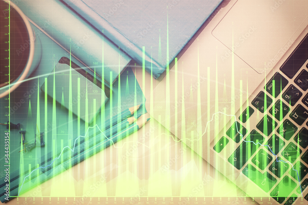Poster Double exposure of forex graph drawing over desktop background with computer. Concept of financial analysis. Top view.