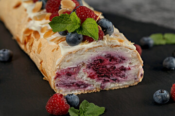 Meringue roll. Confectionery. Closeup