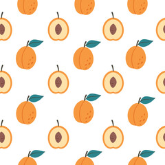 Fresh apricot seamless pattern. Summer fruit. Healthy and organic food seamless pattern. Hand drawn vector illustration