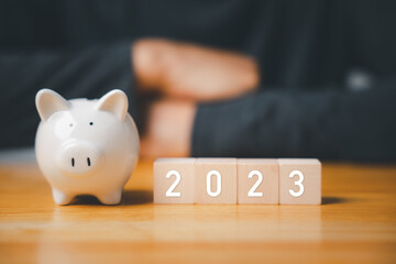 Happy New Year 2023. Businessman with wood cubes block number years 2023 and piggy bank to setting...