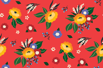 Seamless floral pattern, cute ditsy print with colorful bouquets in modern folk style. Pretty flower design with hand drawn plants: small flowers, leaves on a red background. Vector illustration.