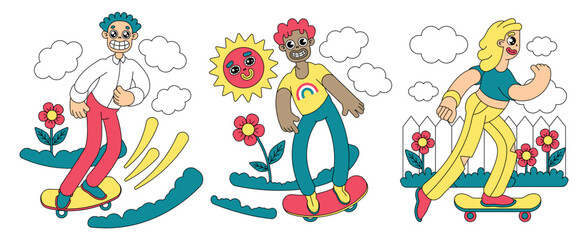 Set of images with young skaters in nature. Cartoon characters ride a skateboard on the street. Funny boys, girl are engaged in outdoor activities. Vector illustration.