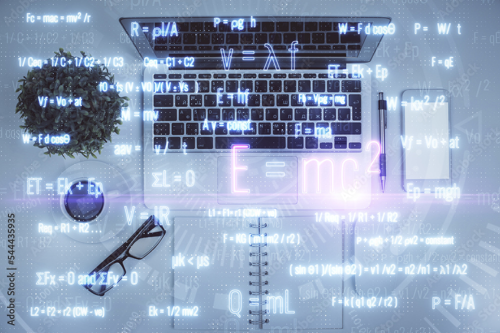 Poster Physics and math theme hologram with formula drawings over computer on the desktop background. Top view. Multi exposure. Concept of education.