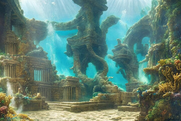 fantasy illustration of underwater view of submerged ruins of ancient city with stone figurines and walls