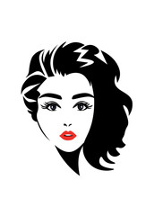 portrait of a girl. Woman`s face with red lips. Vector fashion illustration. Black and white silhouette for your design. Female face with red lips