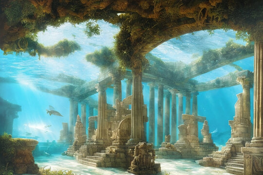 fantasy illustration of underwater view of submerged ruins of ancient city with stone figurines and walls