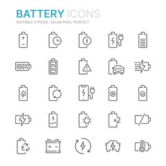 Collection of battery related outline icons. 48x48 Pixel Perfect. Editable stroke