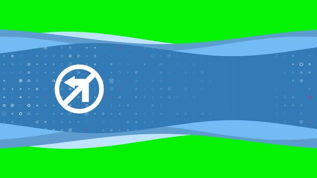 Animation of blue banner waves movement with white no left turn symbol on the left. On the background there are small white shapes. Seamless looped 4k animation on chroma key background