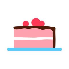 Strawberry cake with cream decoration flat icon. Colorful festive sweet tasty object isolated on white background. Chocolate homemade dessert. Party celebration element design vector illustration.