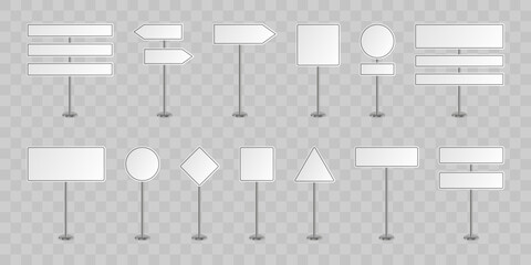 Blank road signs. Realistic traffic signs. Direction signposts. Route direction, signage and street information signs. Vector illustration.