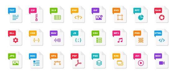 File type icons. File formats in flat design. File and documents extensions. Icons for ui. Vector illustration.