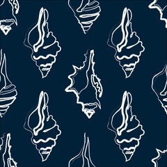 Marine seamless pattern, geometric mesh. White hand-drawn sketch on dark blue background. Shells in doodle style, large elements. Modern vector illustration for fabrics, scrapbooking, wrapping paper