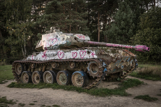 Scrap battle tank on a military training area.